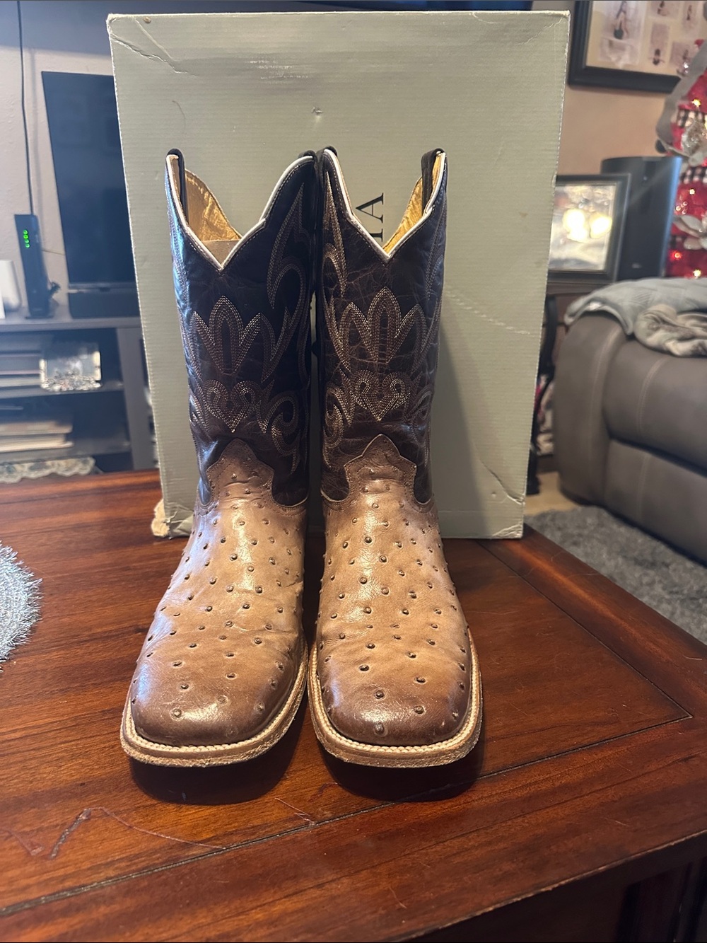Men's Two-Tone Brown Ostrich Toe Western Boots